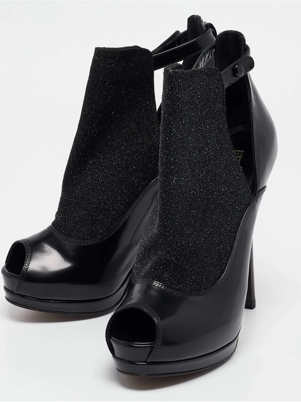 Fendi Leather Black High Heel Booties with Sparkle Textile
